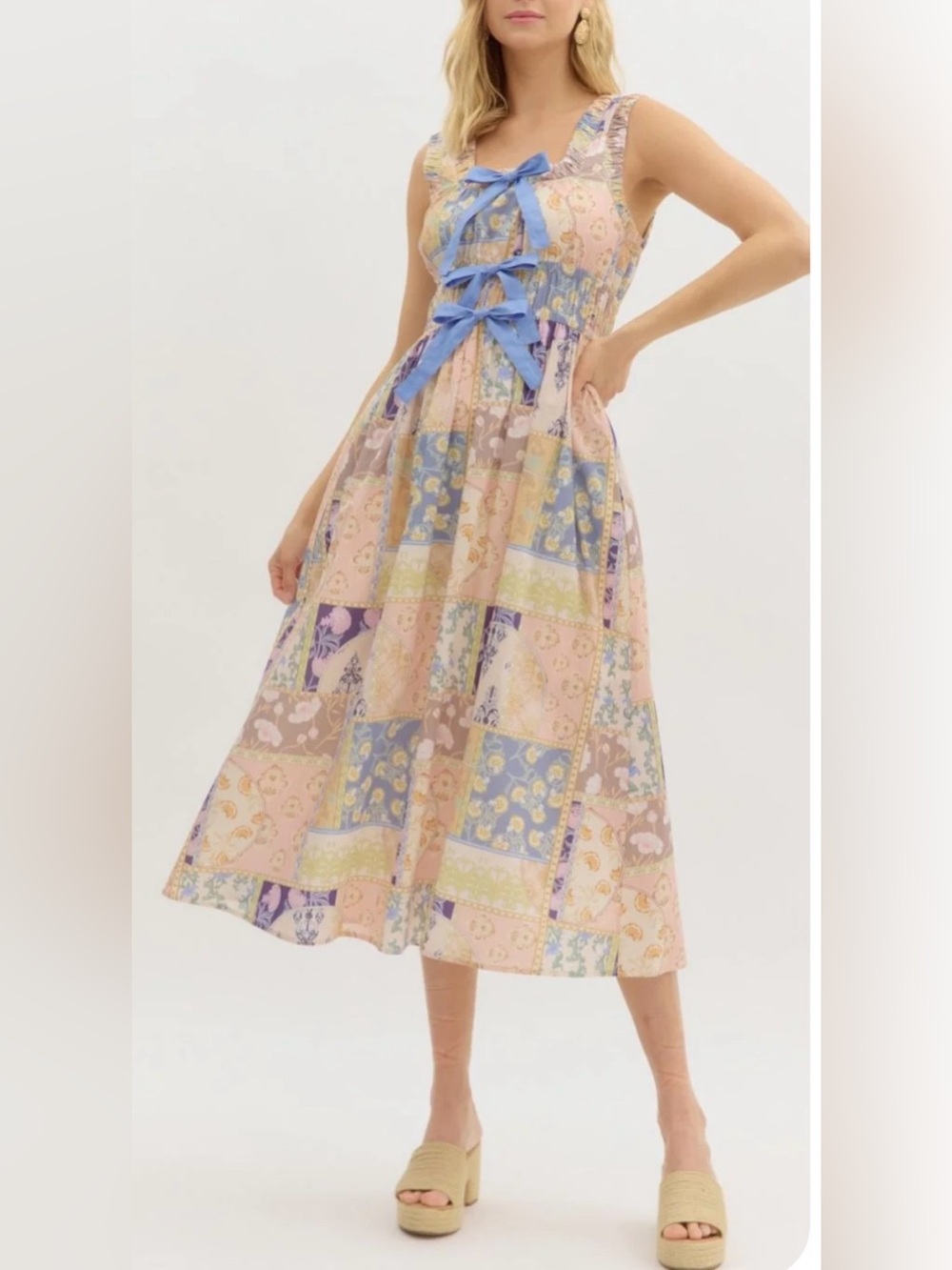 Entro Maristella Bow Patchwork Midi Dress Small Cottagecore Floral Boho Pockets